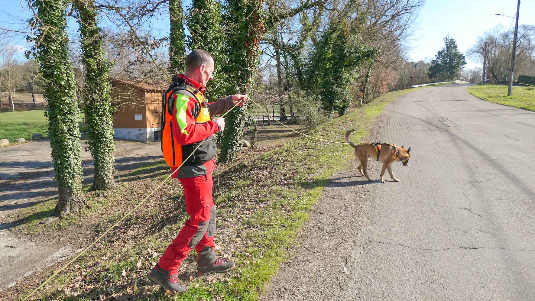 Un maître-chien et un chien sauveteur lors d'un entraînement