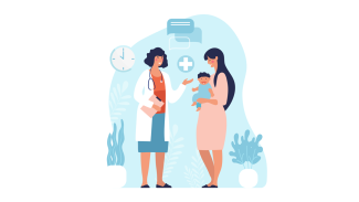 Maternité On peut voir une illustration d'une sage femme avec une femme enceinte