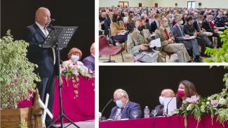 Congrès des maires à Orgueil 2021 Collage photo du congrès de maires à Orgueil avec une photo du président réalisant son discours, le public qui écoute le président et Michel Weill et d'autres personnalités assis à table sur scène