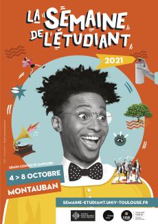 Semaine de l'étudiant On voit une affiche orange avec un garçon, pour la semaine de l'étudiant