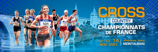 Affiche du Championnat de France de Cross Country à Montauban Banderole du Championnat de France de Cross Country à Montauban avec des gens qui courent et le pont vieux + Musée Ingres en fond