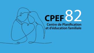 Flyer bleu du CPEF 82 avec un dessin de deux personnes qui sont collés avec un coeur entre elles