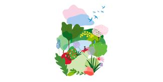 Logo des Villes et villages fleuris Logo des Villes et villages fleuris avec un dessin comportant un homme assis sur un banc devant un lac avec de la végétation qui l'entoure