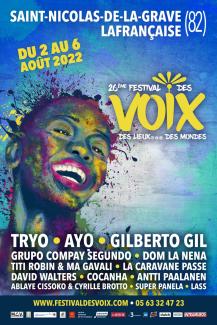 Affiche "Festival des Voix" du 2 au 6 août 2022 à Saint-Nicolas-de-la-Grave Affiche avec tous les chanteurs/groupes présents au festival des Voix à Saint-Nicolas-de-la-Grave