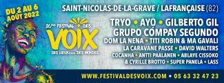 Affiche "Festival des Voix" du 2 au 6 août 2022 à Saint-Nicolas-de-la-Grave Banderole informative du festival des Voix avec le nom de tous les chanteurs