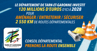 Infographie sur le le plan d'investissement voirie Infographie sur le le plan d'investissement du Conseil Départemental concernant la voirie avec le logo du CD82 et des pictogrammes de cônes de chantiers avec un casque