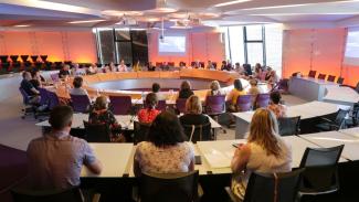 Photo d'une réunion dans la salle du conseil Plusieurs personnes en réunion dans la salle du Conseil