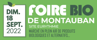 Visuel foire bio de Montauban 2022 Visuel au fond vert avec marqué "Foire Bio de Montauban"