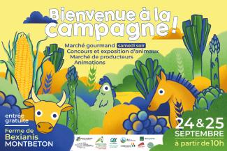 Affiche de l'évènement : Bienvenue à la campagne Affiche de l'évènement : Bienvenue à la campagne avec des dessins de chevaux, vaches, poules et de végétaux et avec les informations relatives à cet évènement