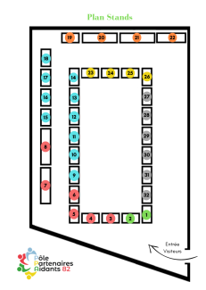 Plan des stands pour le Forum des aidants Détail du placement des stands pour le forum des aidants avec un numéro pour chaque stand