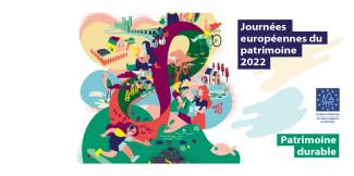 Journées européennes du patrimoine 2022 Affiche des Journées européennes du patrimoine 2022 avec les dessins de familles, personnes, villages et lieux cultes
