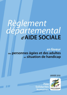 Règlement départemental d'aide sociale Photo de couverture bleu du règlement départemental d'aide sociale avec le logo du Département