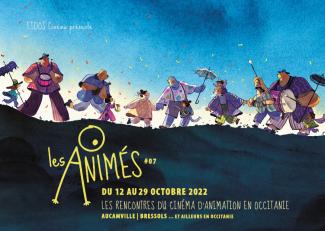 Les rencontres du cinéma d'animation en Occitanie "Les animés" Affiche visuel des rencontres du cinéma d'animation en Occitanie "Les animés" avec un dessin d'une file de personnages qui se tiennent la main ou avec des objets dans les mains