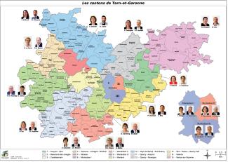 Une carte du 82 avec les différents cantons et leurs conseillers départementaux 