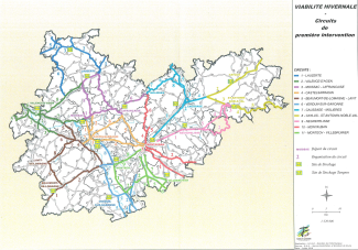 Carte de la viabilité hivernale 2018 Carte de la viabilité hivernale du Tarn-et-Garonne avec les circuits de première intervention dans tous le département