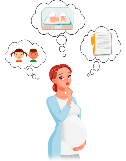 Image femme enceinte pensante Une femme enceinte avec des bulles de pensées au-dessus de sa tête avec des enfants, un nouveau né et des documents