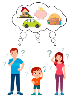 Pictogramme soucis familiaux Une famille avec une bulle de pensée au-dessus de leur tête avec à l'intérieur : une maison, une voiture, une tirelire et un cartable d'école
