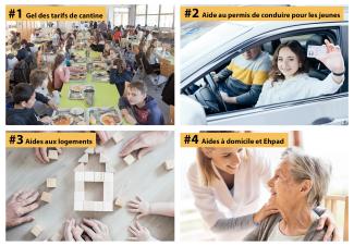 Photo des aides fortes pour le pouvoir d’achat des Tarn-et-Garonnais Collage photo des 4 aides fortes du département pour le pouvoir d'achat