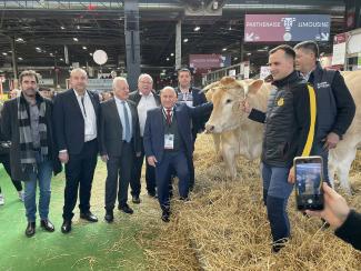 Le Tarn-et-Garonne récompensé au Concours Général Agricole Michel Weill en compagnie de plusieurs élus, agriculteurs et d'une vache blonde lors du salon de l'agriculture de Paris