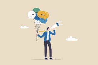 Icône : infos Personnage tenant un mégaphone dans sa main droite et des bulles et de ballons représentant la communication