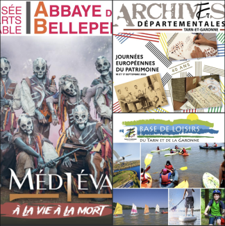 Visuel Journées Européennes du Patrimoine 2023 collage de 3 photos de journaux dont les archives départementales, la base de loisirs et l'abbaye de Belleperche