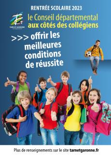 Affiche pour la rentrée scolaire 2023 avec une image d'un groupe d'enfants qui font un pouce en l'air 