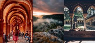 Schéma départemental tourisme durable Plan 2023 2028 De gauche à droite : Les voûtes de la place nationale, une chaine de montagnes et le cloître d'une abbaye