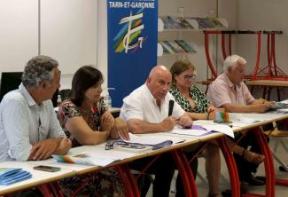 Conférence de presse : rentrée des collèges 2023 De gauche à droite : Bernard Pécou, Dominique Sardeing, Michel Weil,,et José Gonzalez lors d'une conférence de presse dans un collège