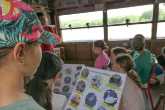 Rencontre avec Laurent Gaillard, animateur de la Base de Loisirs du Tarn et de la Garonne Des enfants qui écoutent Laurent Gaillard lors d'une observation d'oiseaux