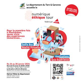 Visuel « Le département du Tarn-et-Garonne accueille le numérique éthique tour » Visuel « Le département du Tarn-et-Garonne accueille le numérique éthique tour » avec un dessin représentant l'évènement