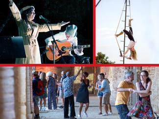 Festival "Apportez votre chaise" à l'Abbaye de Belleperche Deux musiciens en haut à gauche puis une trapéziste en haut à droite et la foule qui danse en bas