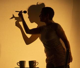 Visuel spectacle « L'ombre des choses » une femme en train de réaliser des ombres avec la lumière 