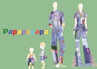 Opéra de chambre en deux actes portant sur la parentalité "PAPAPAPAPA" Dessin abstrait d'une famille portant des vêtements colorés avec l'écriture PAPAPAPAPA
