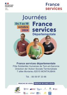Recto du flyer des journées porte ouverte de la France services départementale de Tarn-et-Garonne du 7 au 19 octobre 2024 Recto du flyer des journées porte ouverte de la France services départementale de Tarn-et-Garonne du 7 au 19 octobre 2024