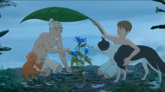Le royaume de Kensuké Les personnages principaux du film se protégent de la pluie